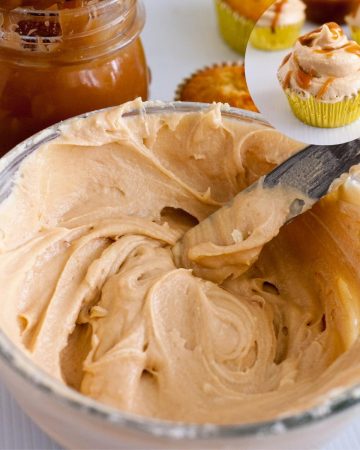 A bowl with buttercream and butterscotch sauce.