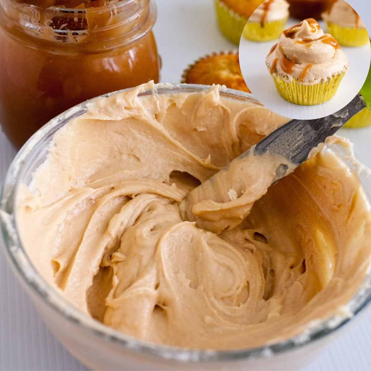 A bowl with buttercream and butterscotch sauce