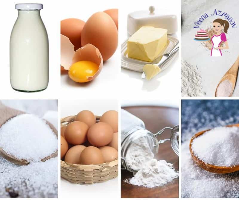 A collage of the ingredients for making brioche buns.