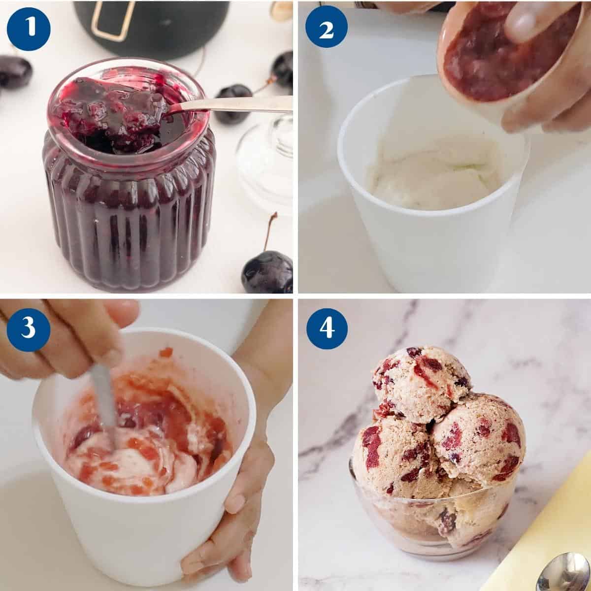 Progress pictures making ice cream with banana and cherry.