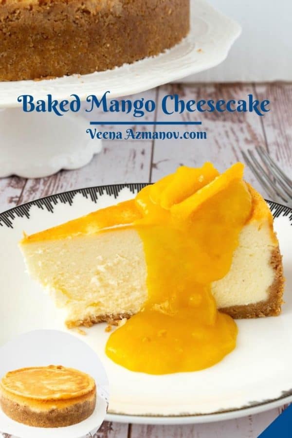 Pinterest image for baked cheesecake with mangoes.