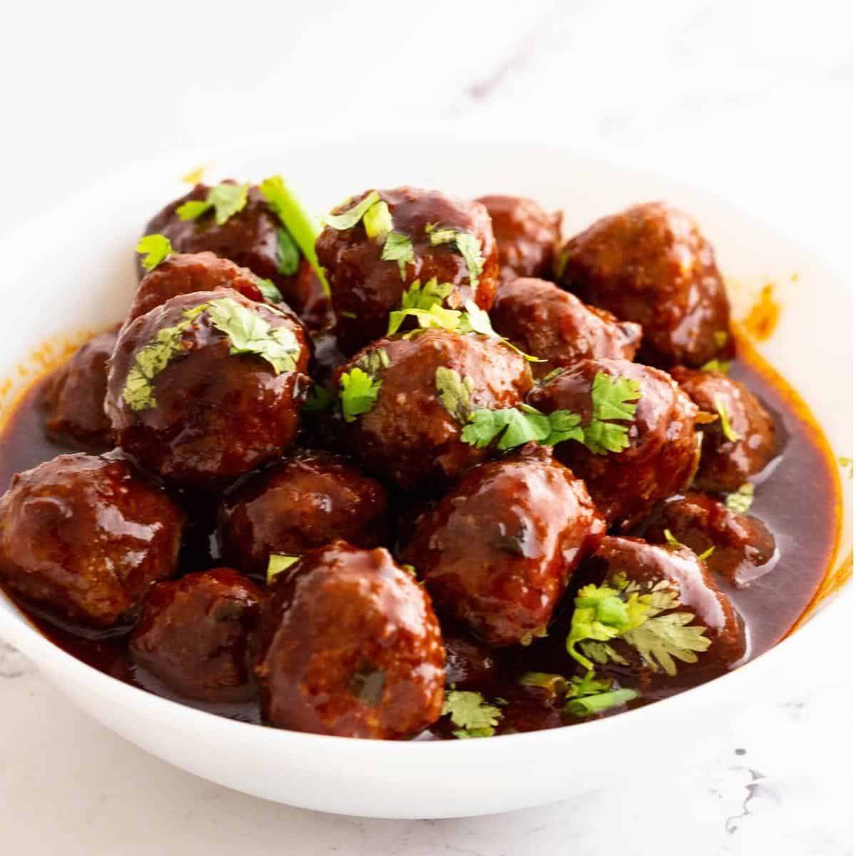 Asian meatballs in a bowl.