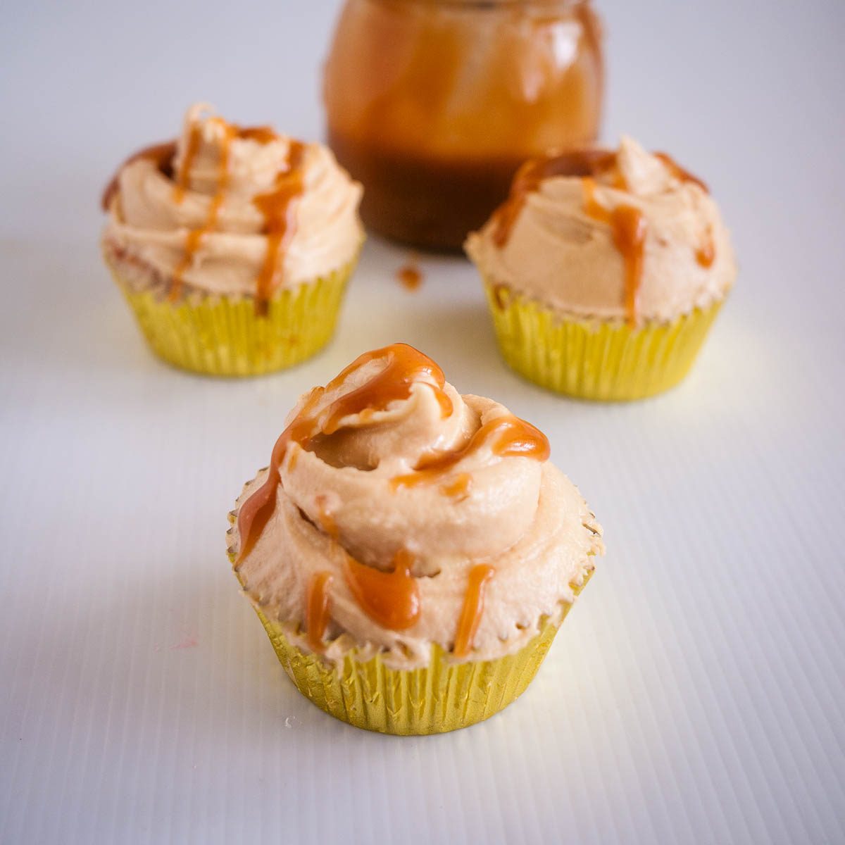 Butterscotch cupcakes on display.