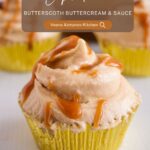 Pinterest image for Cupcakes with Butterscotch buttercream and sauce.