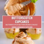 Pinterest image for Cupcakes with Butterscotch buttercream and sauce.