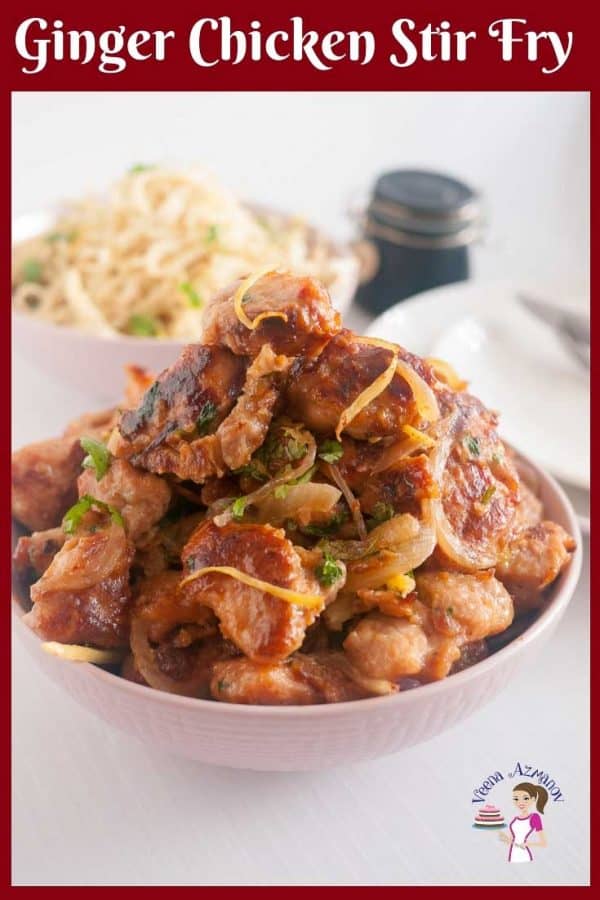 An Asian Stir-Fry Recipe with Crips Chicken, Sliced ginger, Honey Soy sauce and noodles