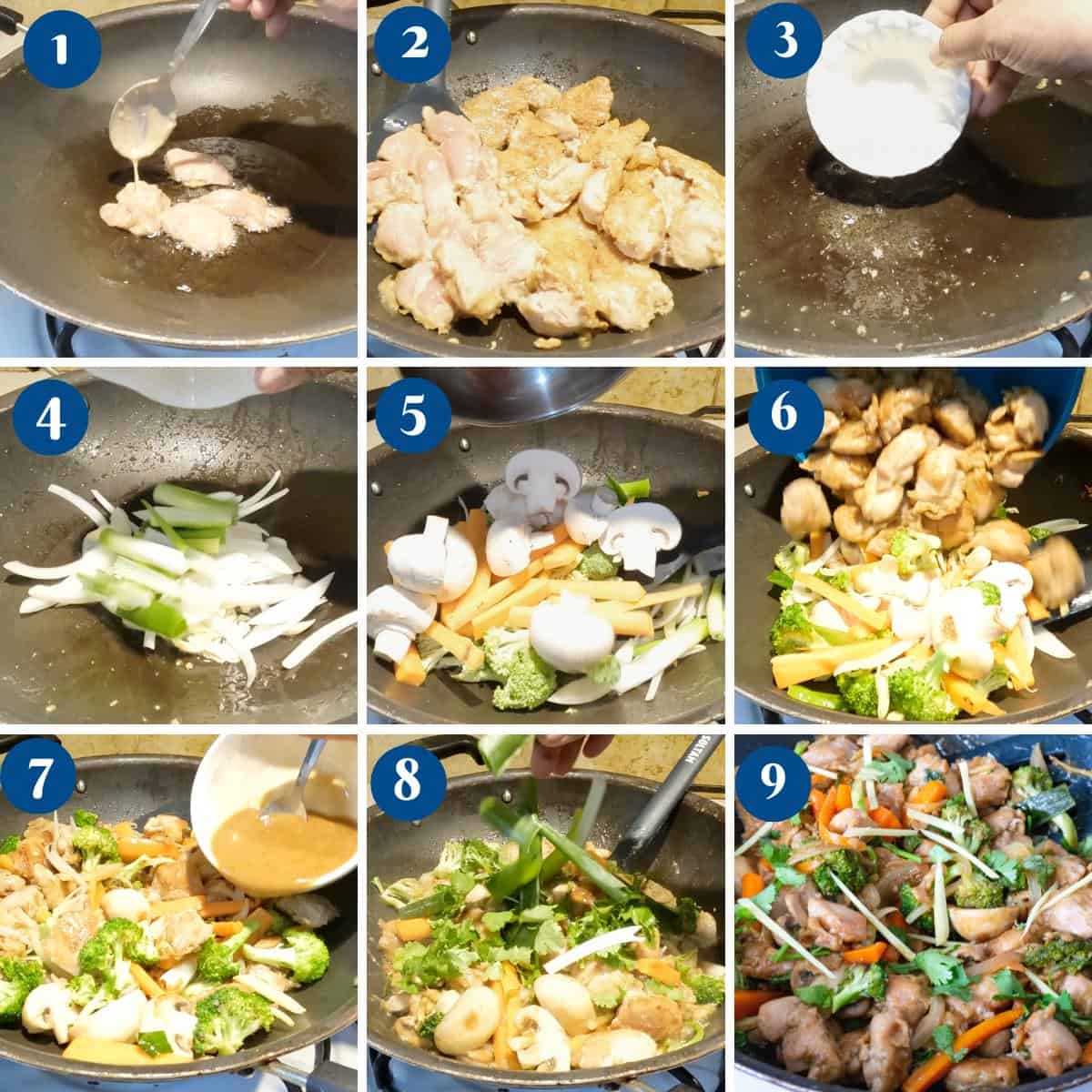 Progress pictures for making ginger chicken stir fry.