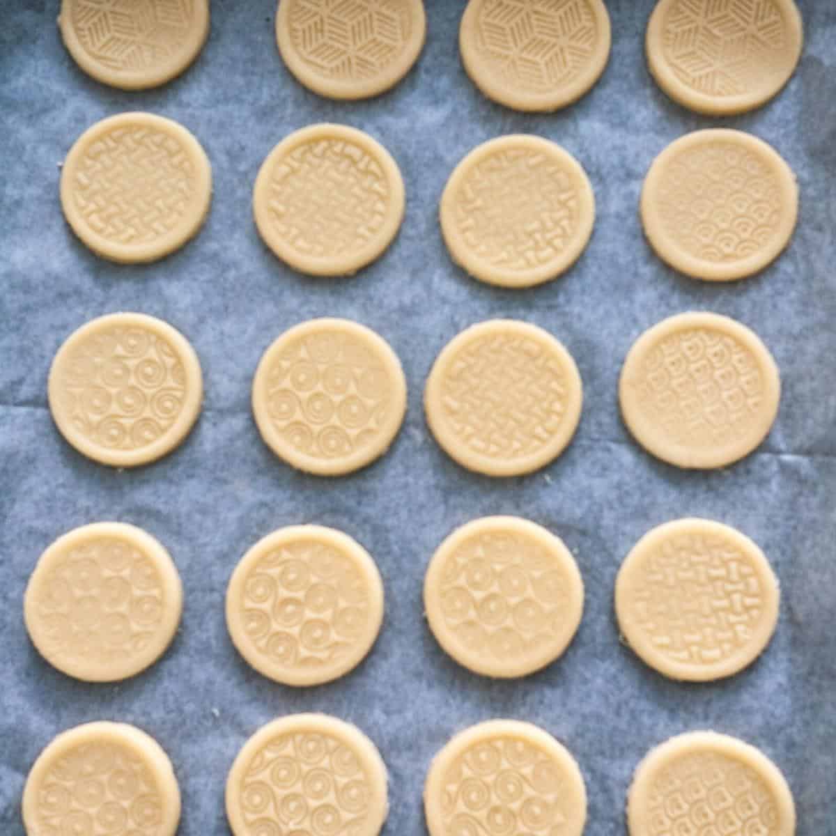 Tray with stamped cookies.