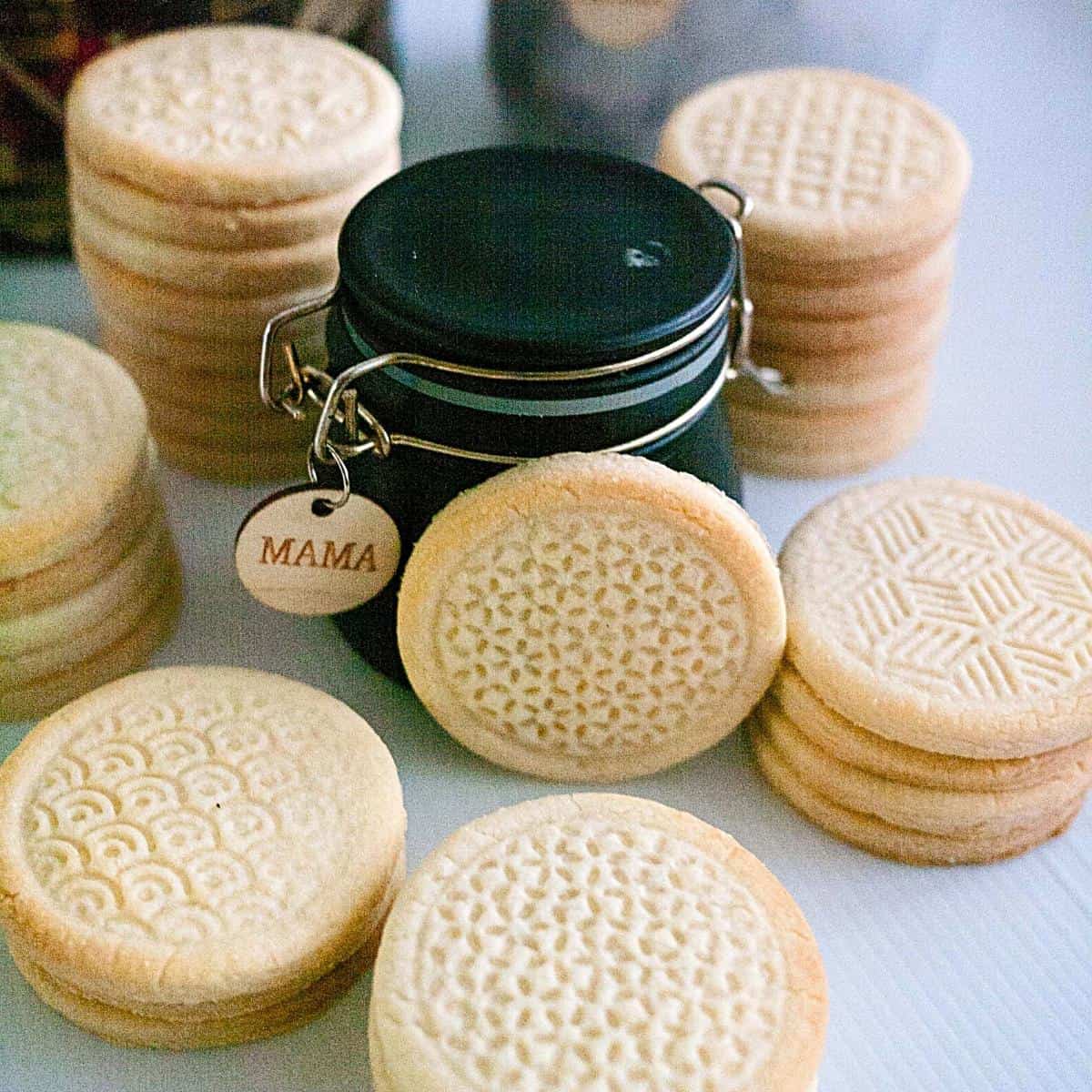 Stack of cookies with stamp impressions..