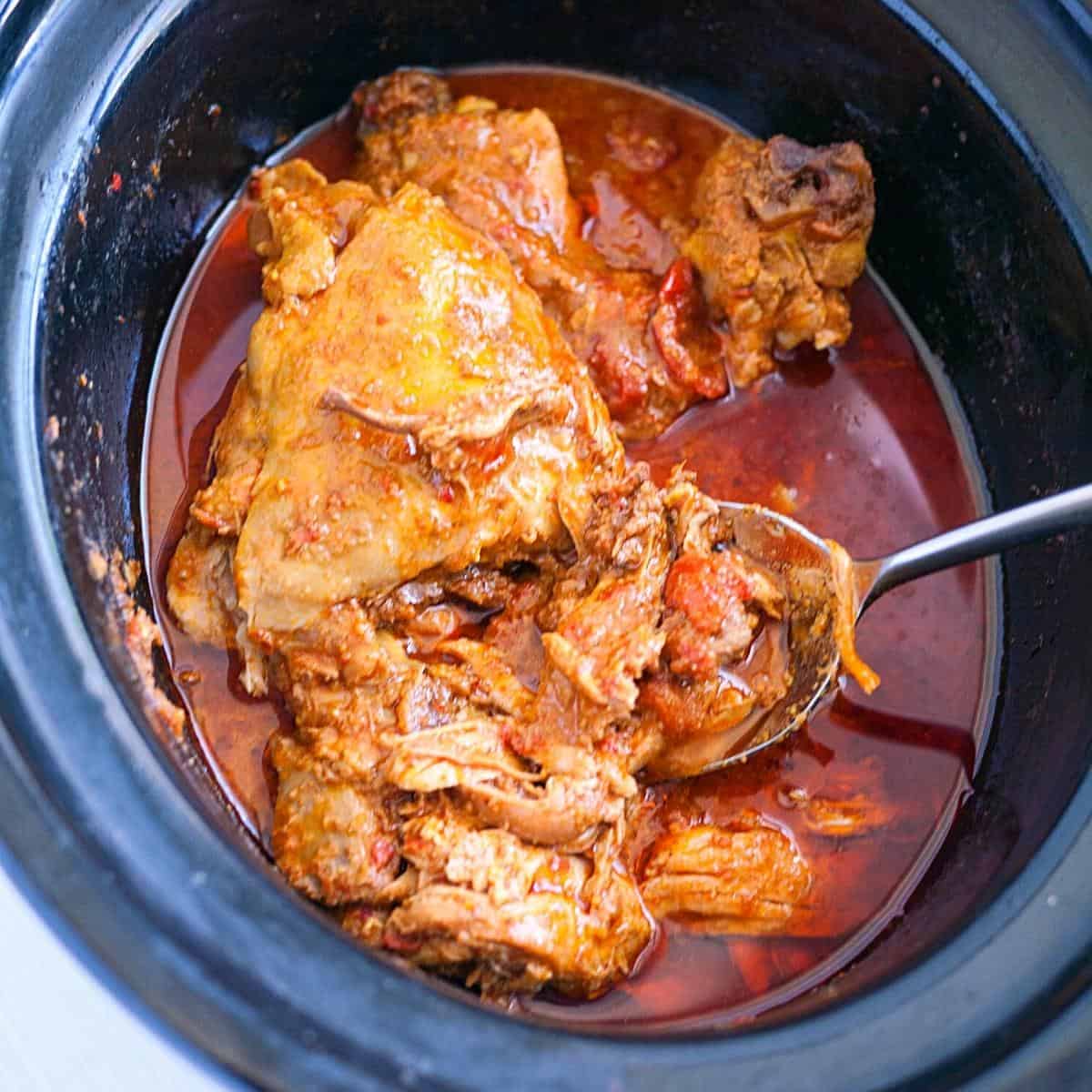 A slow cooker with curry and chicken.