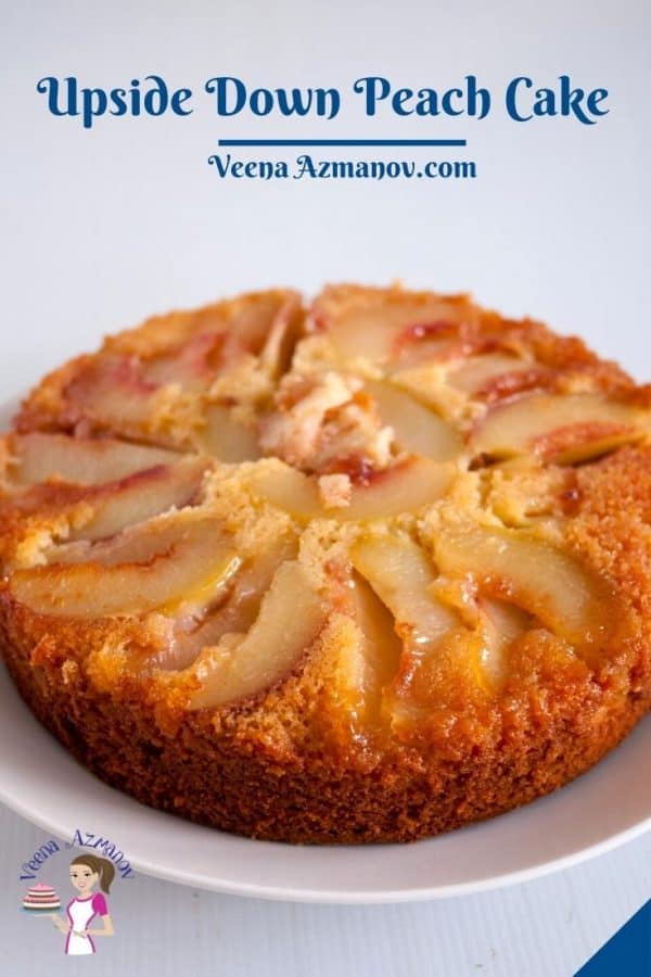 Pinterest image for upside down cake with peaches.