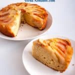 Pinterest images for upside down peach cake.
