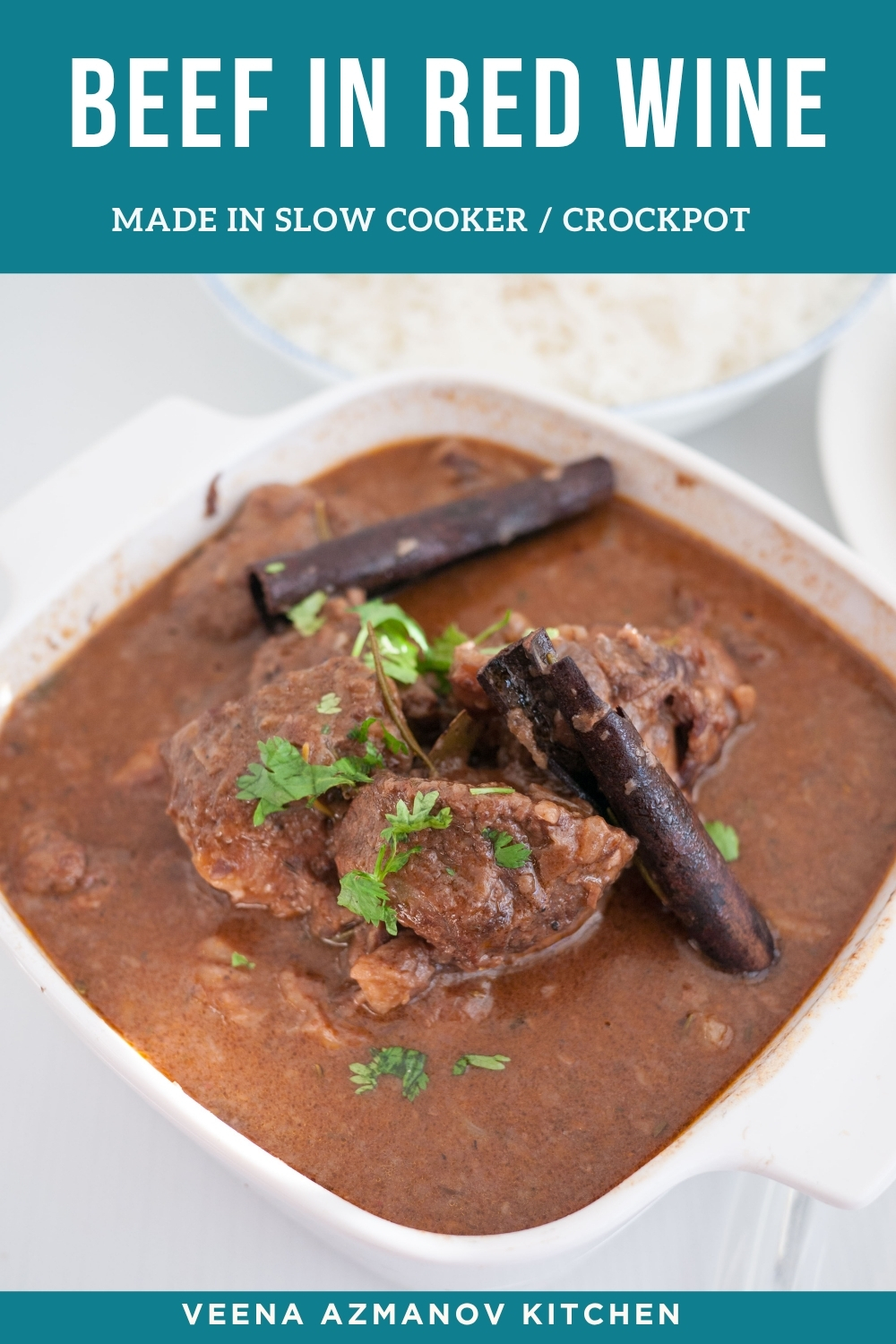 A Pinterest image for slow cooker beef in red wine.