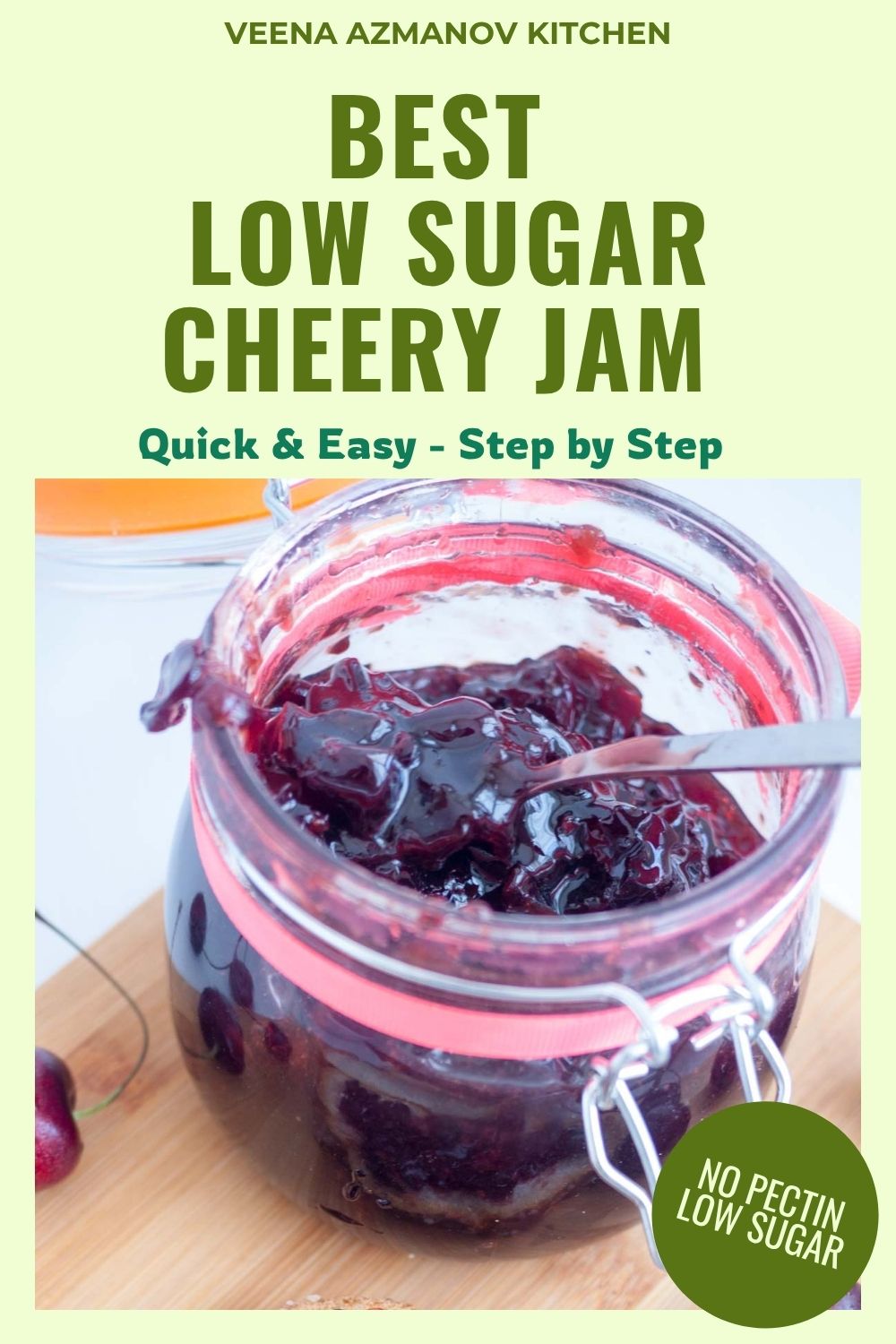 Pinterest image for Cherry Jam without Pectin and Low Sugar.