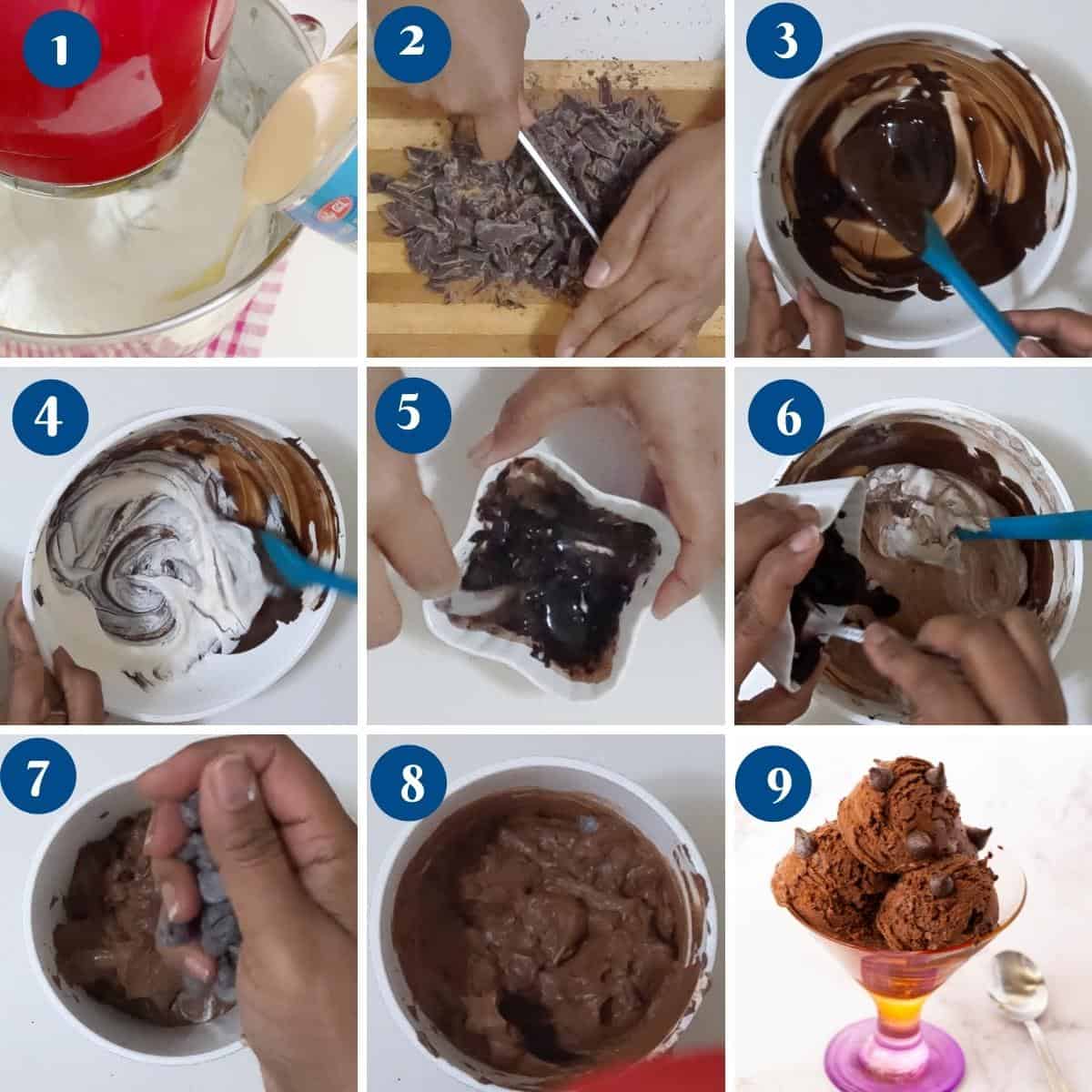 Progress pictures making chocolate ice cream.