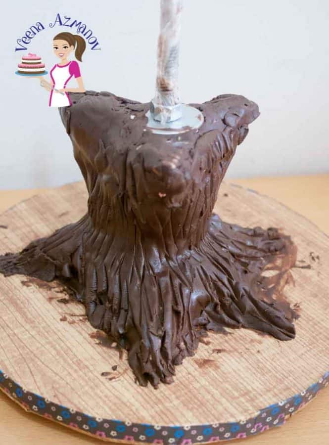 A base of a cake decorated like a tree stump.