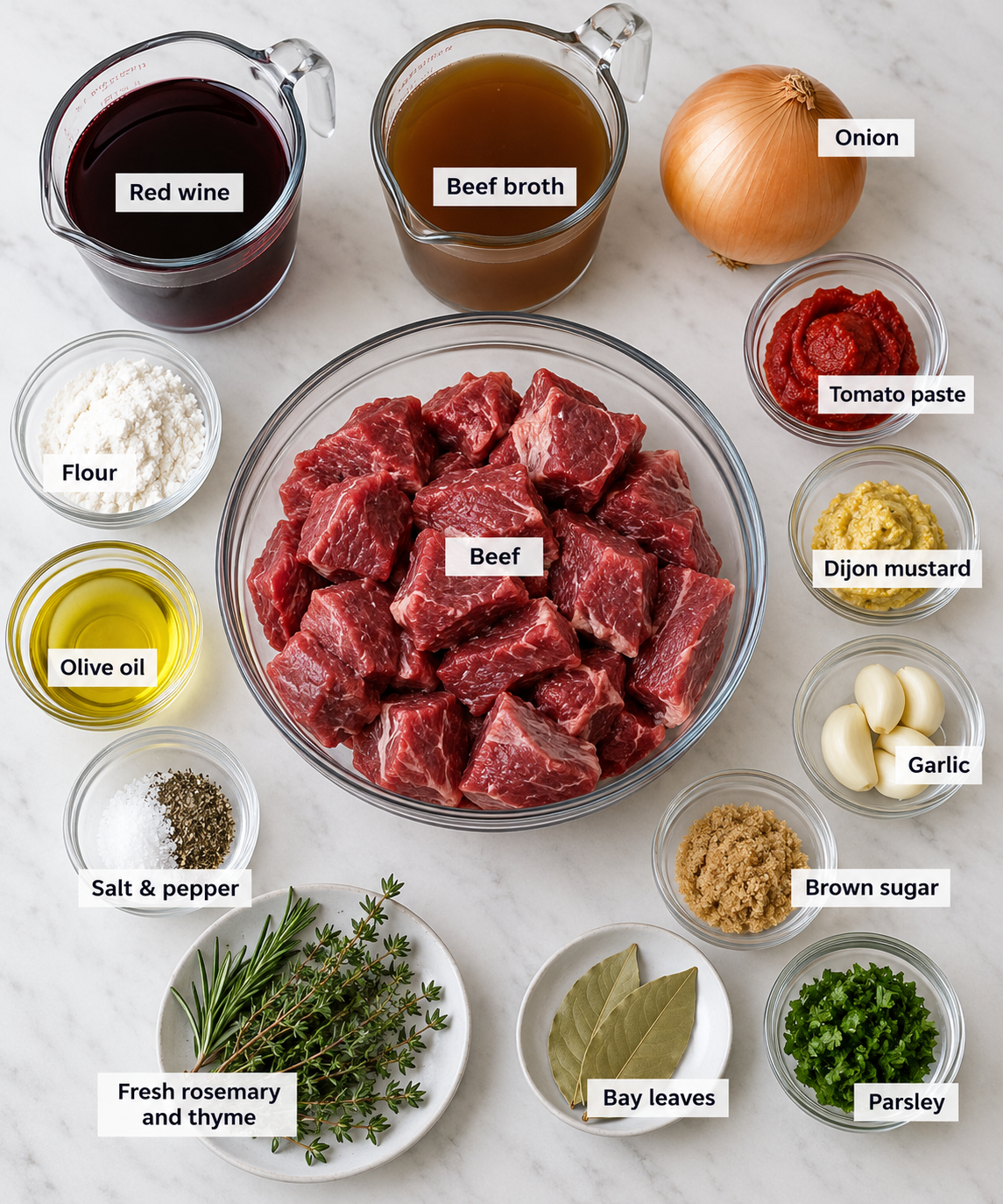 Ingredients for making beef in red wine in slow cooker.