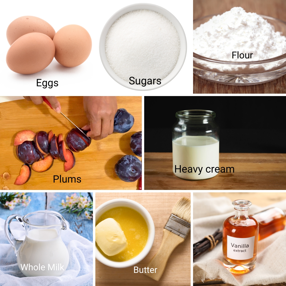 Ingredients for baked plum clafoutis.