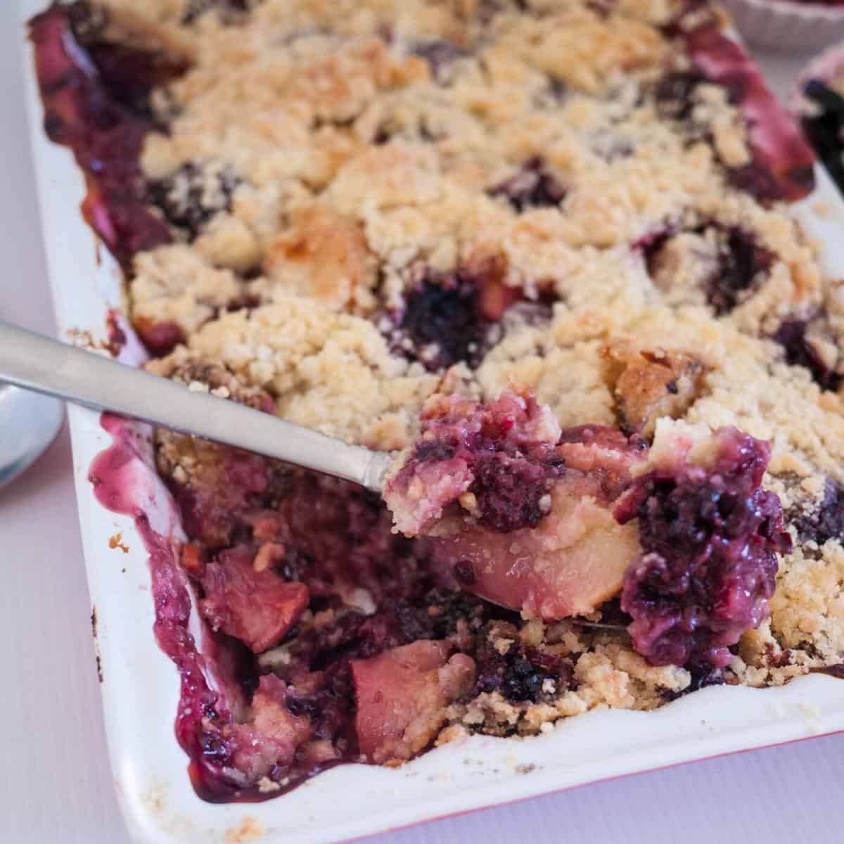 Peach crumble in a baking tray.