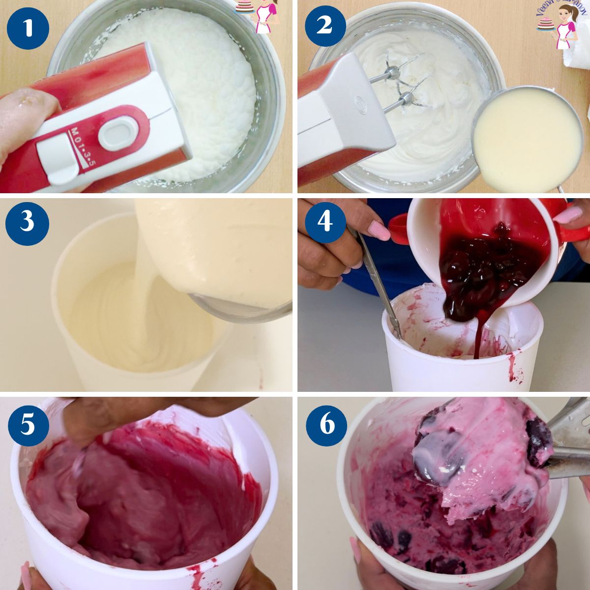 Progress pictures for homemade cherry ice cream.
