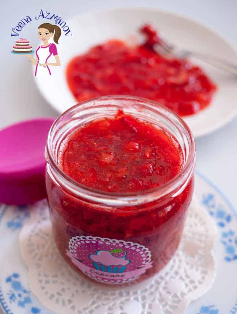 Strawberry cake filling in a jar.