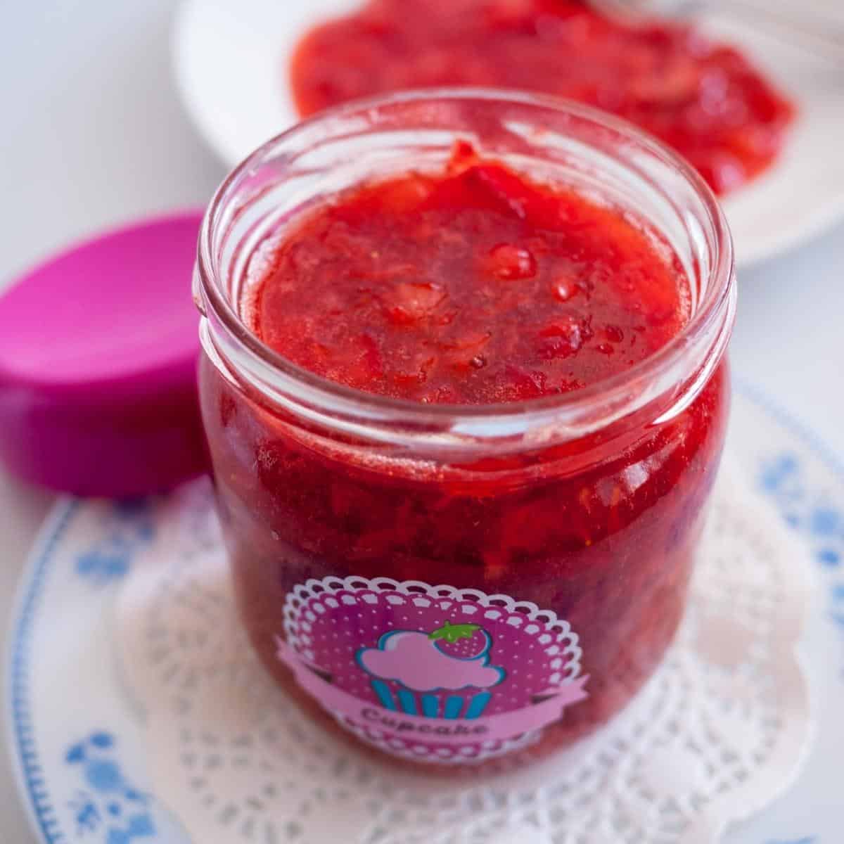 Strawberry fruit filling in a mason jar