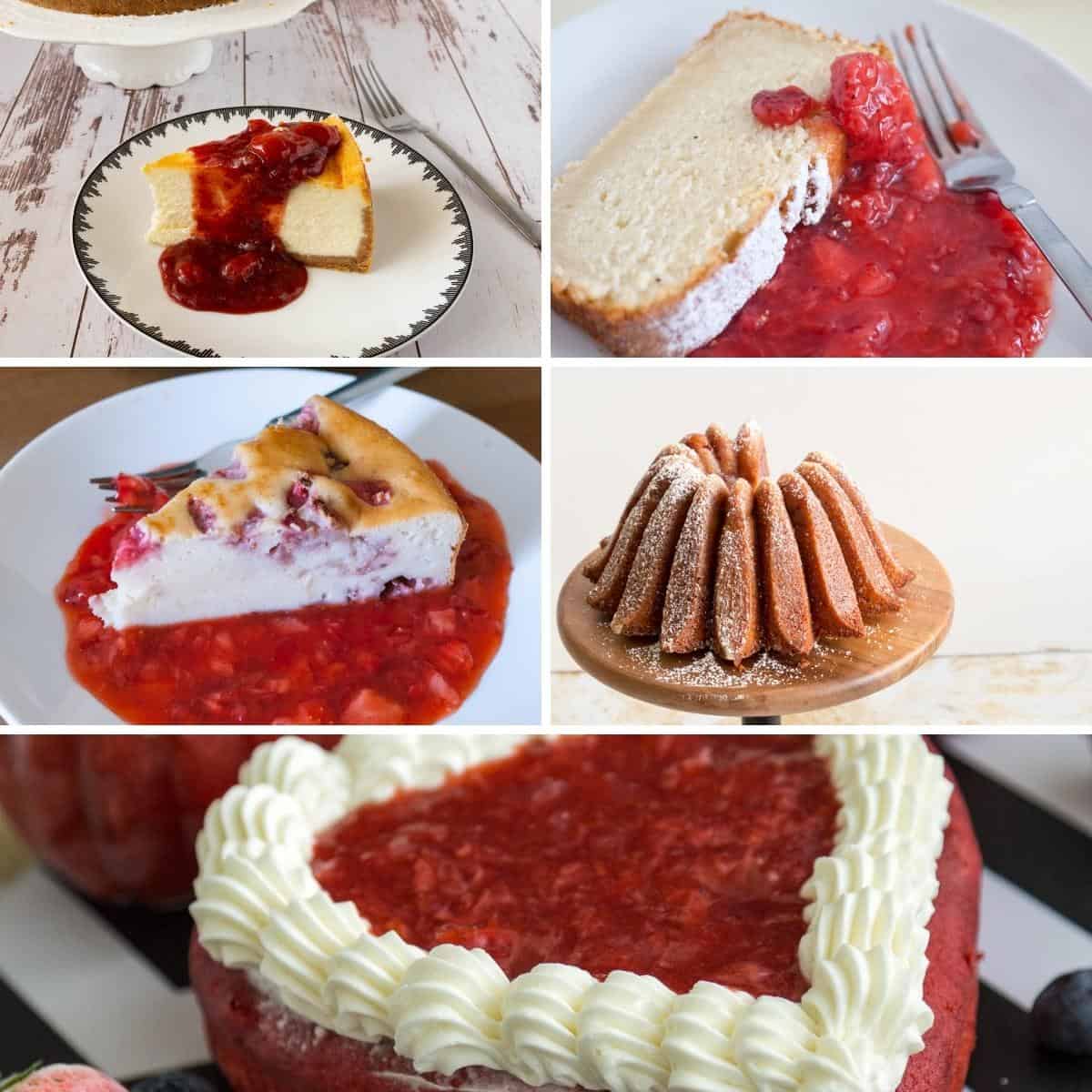 Collage with images using strawberry filling in cakes