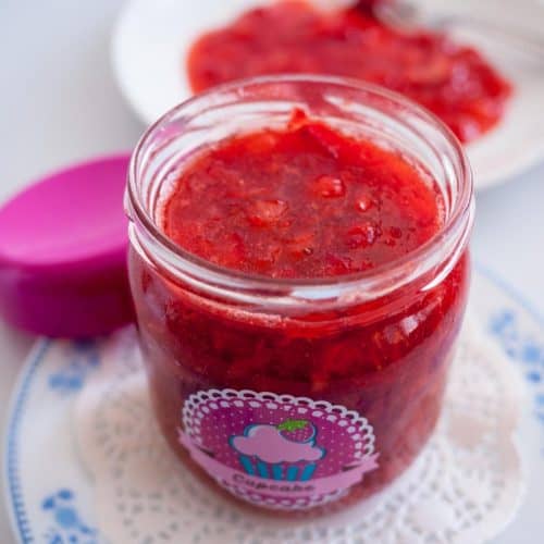 Strawberry filling in a jar.