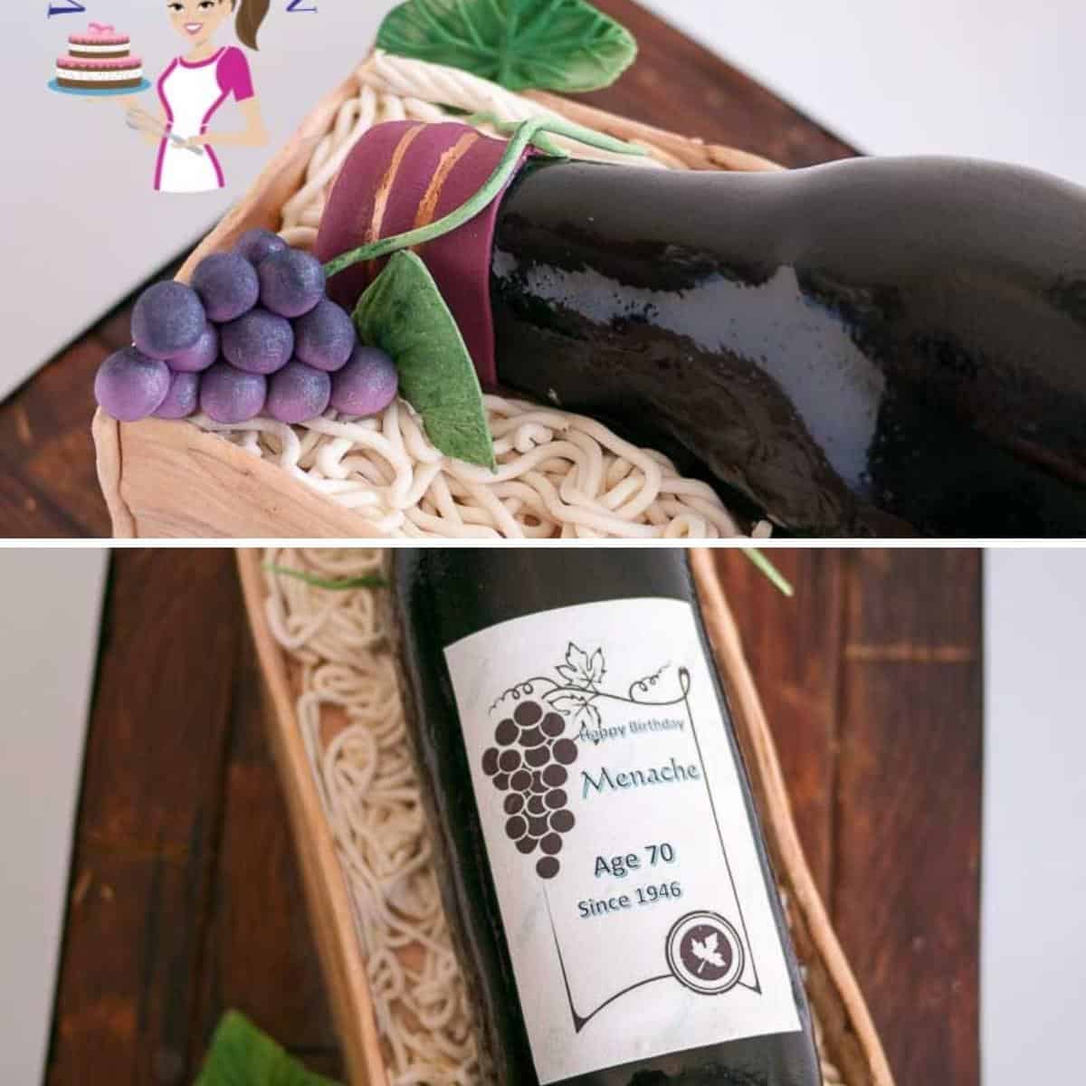 wine bottle cake on a cake board.