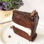 Slice of chocolate cake on the table.
