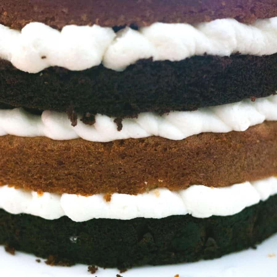 A stack of eggless vanilla and chocolate cake.