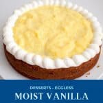 Pinterest image for vanilla cake eggless recipe.
