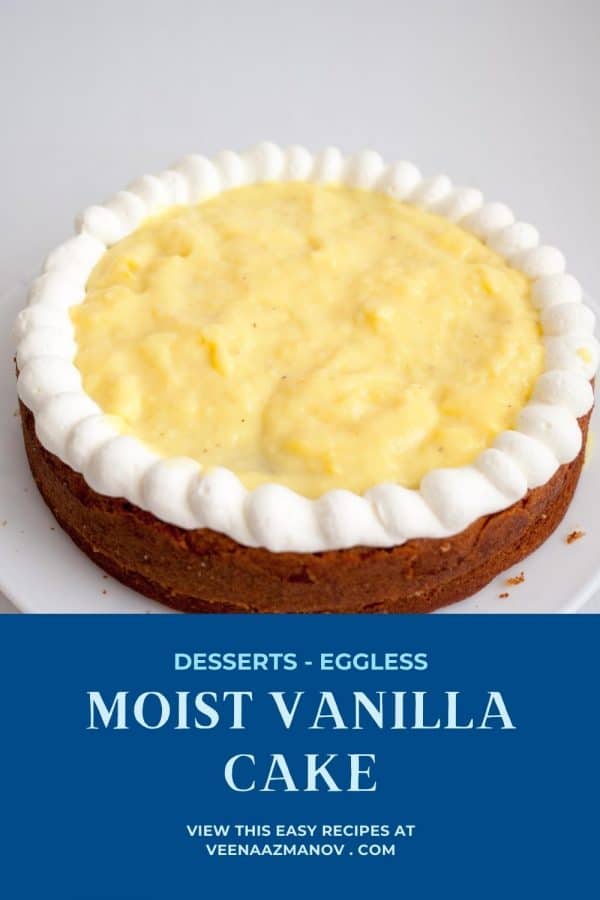 Pinterest image for vanilla cake eggless recipe.