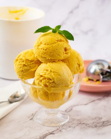 Ice cream bowl with mango ice cream.