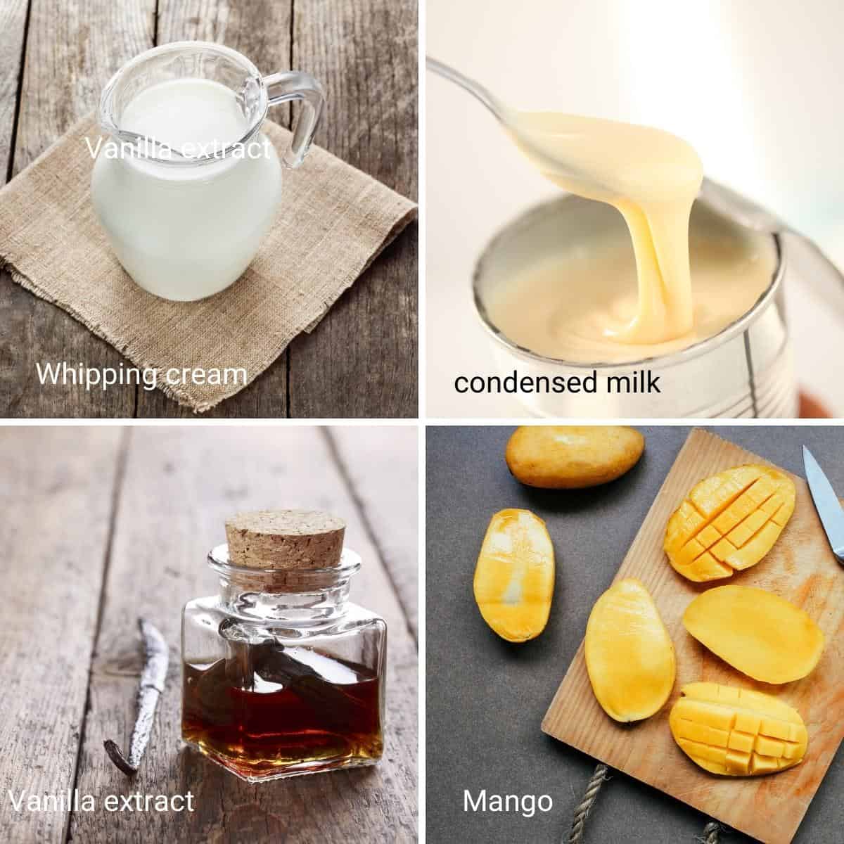 Ingredients shot collage for mango ice cream.