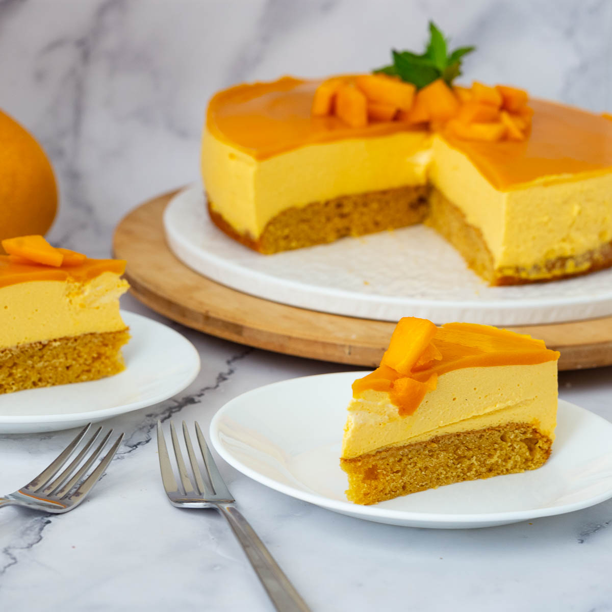 Slices of mango mousse cake.