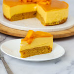 A slice of mango mousse cake.