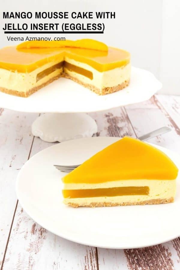 A slice of mango mousse cake on a plate.