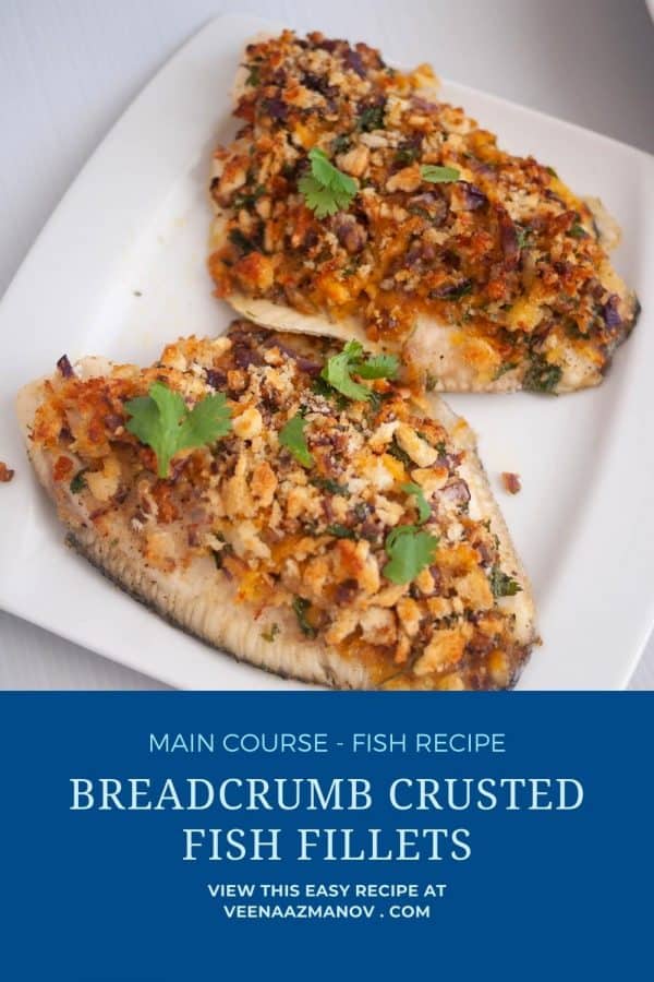 Pinterest image for baked fish fillets with breadcrumbs.