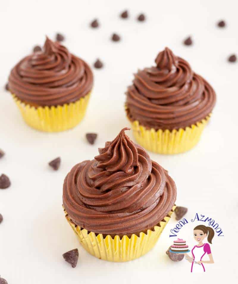 3 cupcakes with a swirl of chocolate frosting.