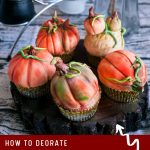 Pinterest image for fondant decorated pumpkin cupcakes.