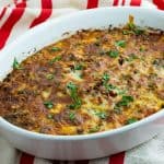 Casserole dish with ground beef and potato.