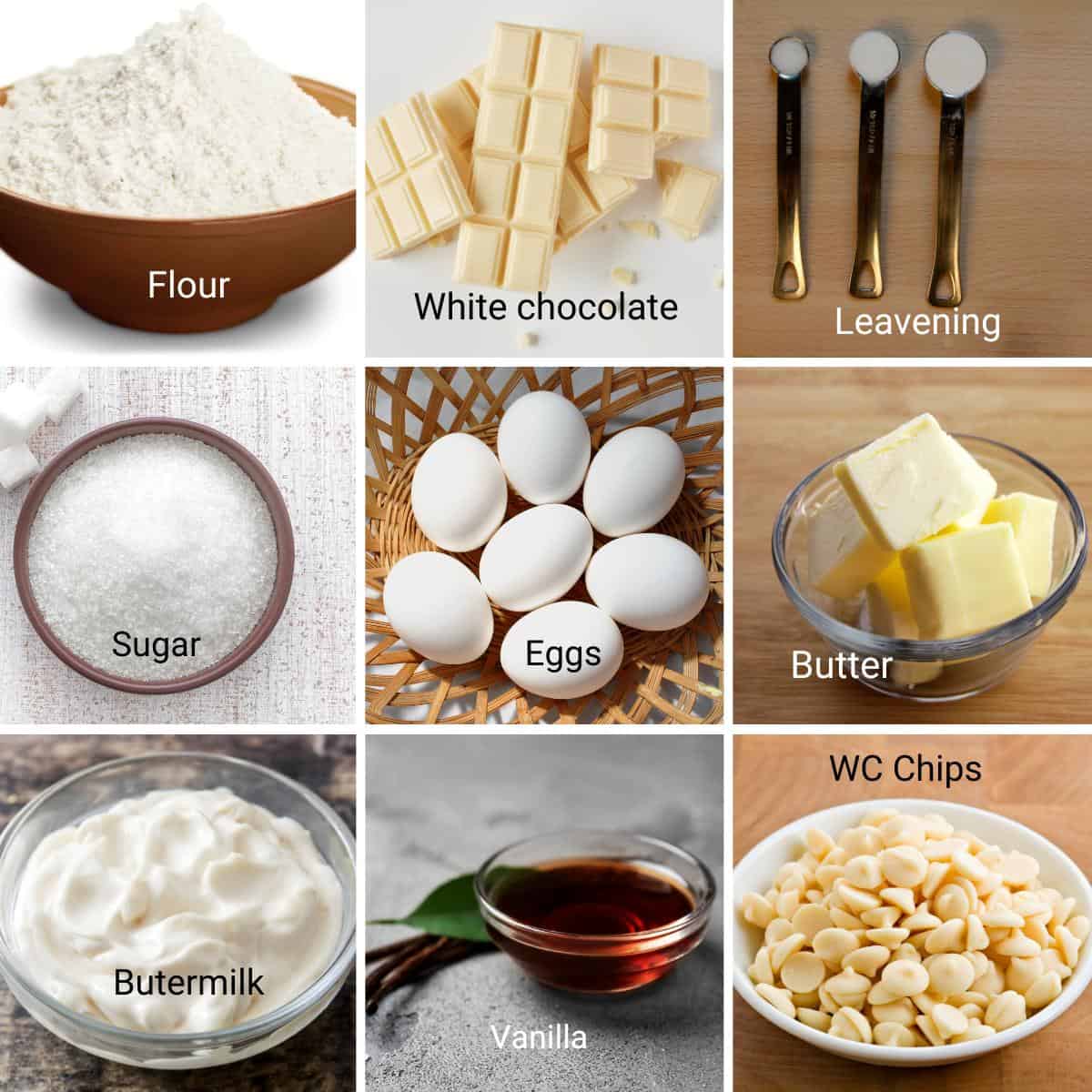 Ingredients for making white chocolate cupcakes.