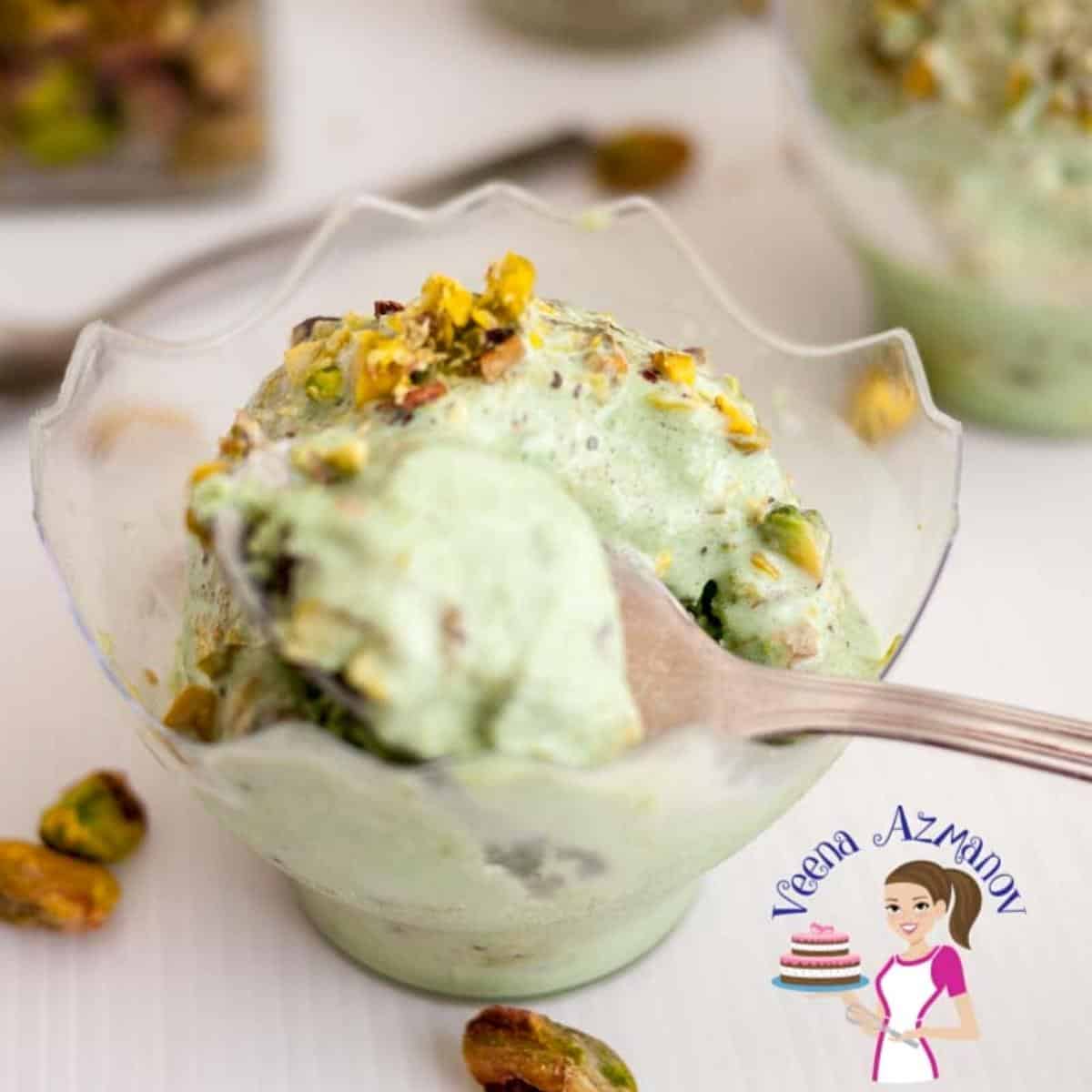 A bowl and spoon with matcha ice cream.