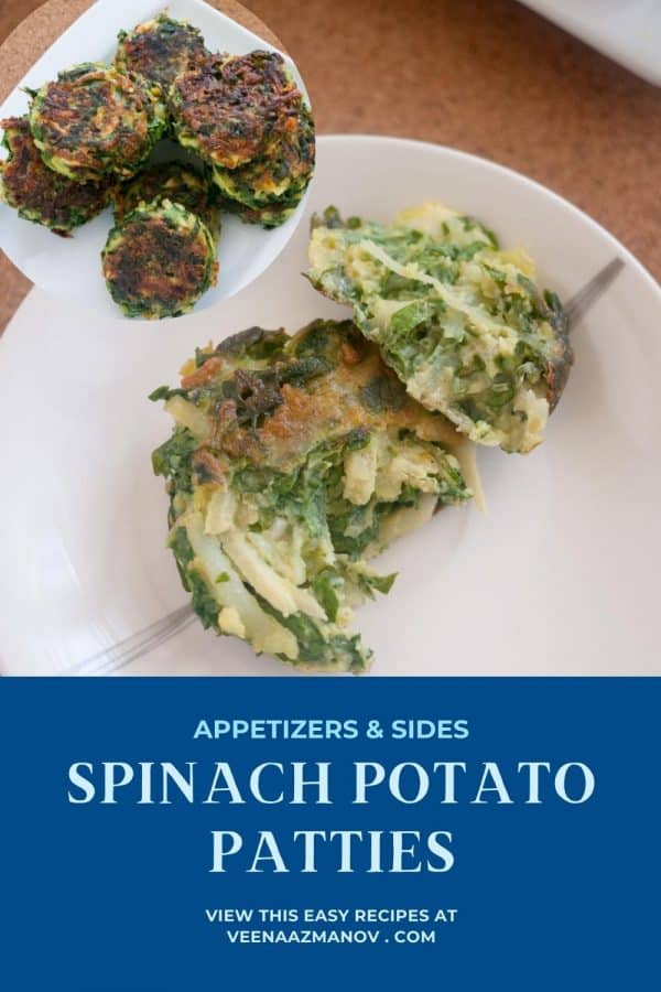 Pinterest image for veggie patties made with spinach and potatoes.