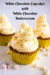 A frosted white chocolate cupcakes with white chocolate buttercream and white chocolate chips