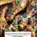 Pinterest image for baked honey soy chicken.