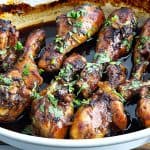 A casserole dish with soy chicken.