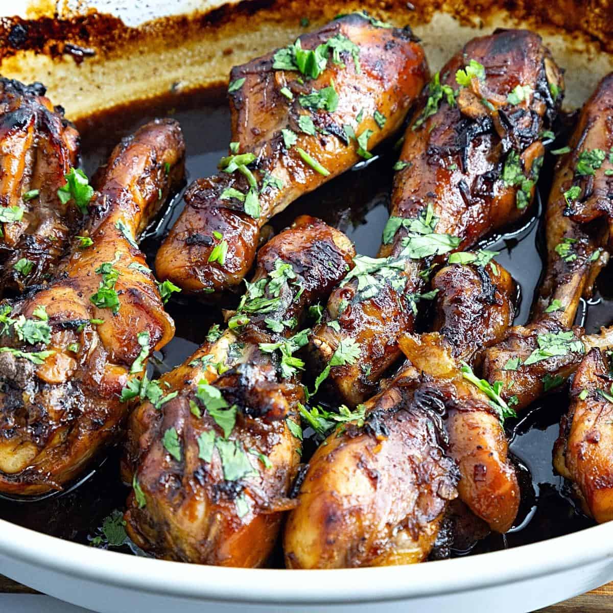 A casserole dish with soy chicken.