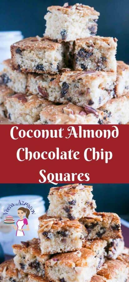 This chocolate chip squares are perfect tea time treat weather you looking for something simple or something to entertain.  A mixture of coconut and almonds with delicious chocolate chips for the ultimate luxury. 